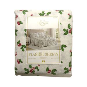 Lenox 6-Piece Soft & Warm 100% Cotton Flannel Sheet Set, King - Holly Green